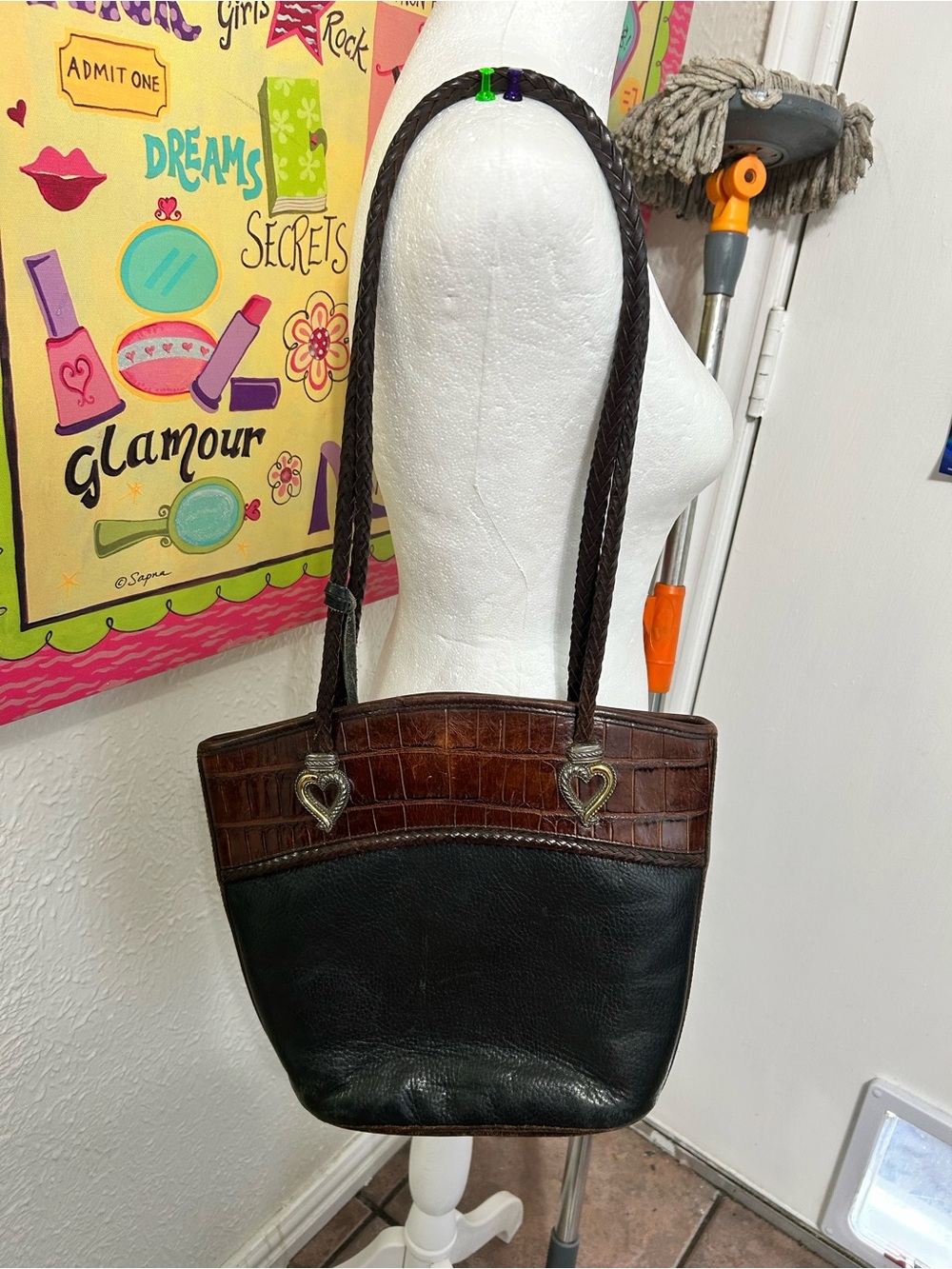 Leather Two-Tone Tote Bag in Brown and Black